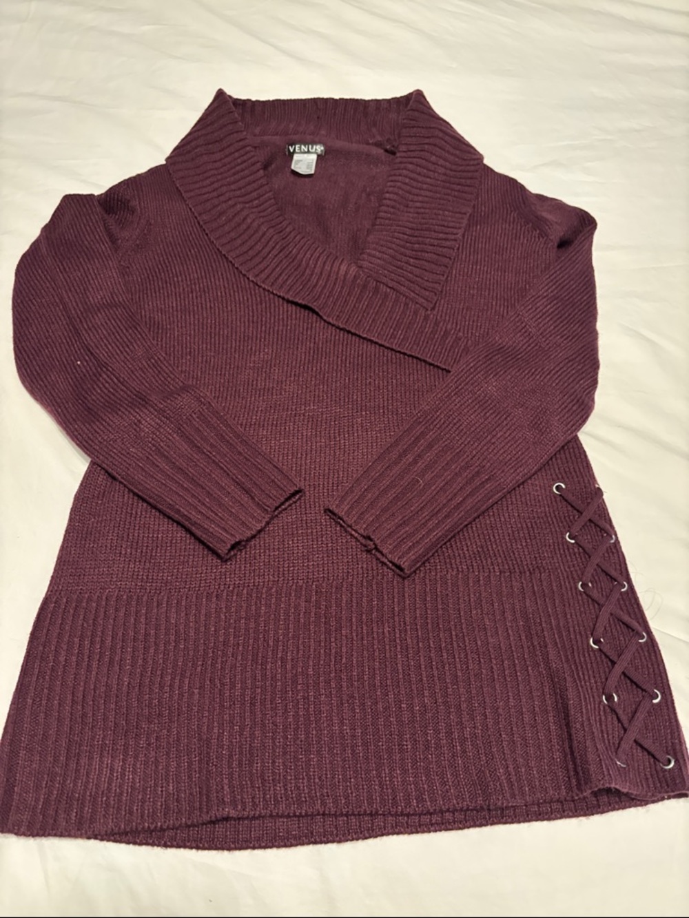 VENUS Plum Lace-Up Side Cowl Neck Sweater